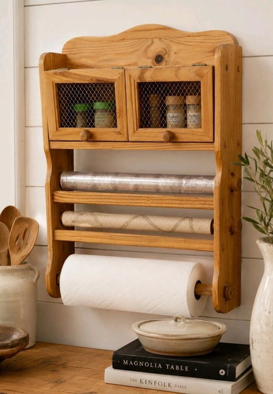 Vtg Wood Pine Wall Paper Towel Holder Storage Shelf Farmhouse Rack Country
